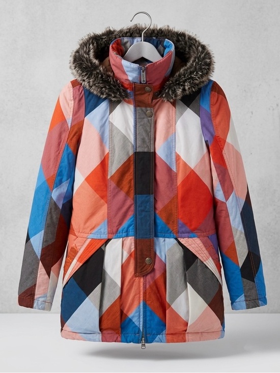 Jackets & Blazers - Midii Geometric Multi-Color Hooded Parka Jacket Faux Fur Trim Blue Orange Size M